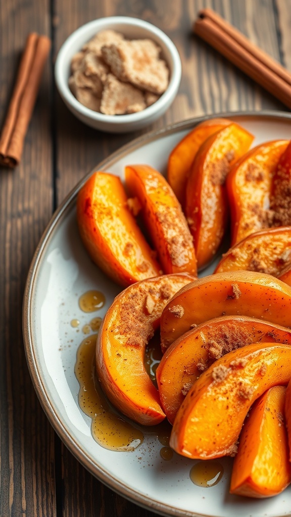 Golden-brown oven-baked yams garnished with cinnamon on a rustic wooden table.